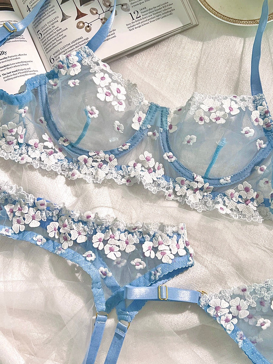 Blue Cherry Blossoms Sheer Lace Lingerie Set 3pc Collection Hello.LA.Girl